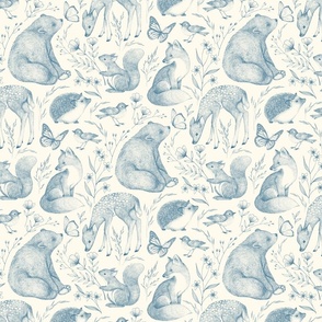 Forest Fauna Toile - teal blue on cream, medium 