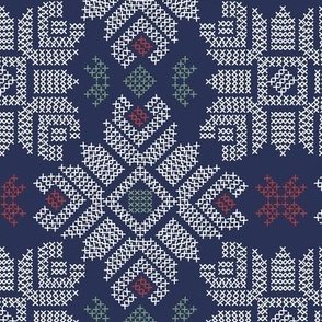 Cross Stitch Flowers - Medium Scale - navy blue crimson white - christmas fabric