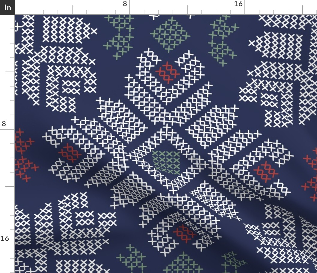 Cross Stitch Flowers - Medium Scale - navy blue crimson white - christmas fabric