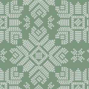 Cross Stitch Flowers - Medium Scale - sage green white - christmas fabric