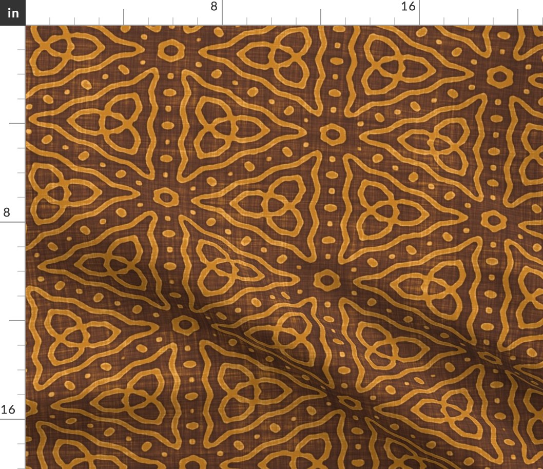 Geometric Celtic Knot Triangles Batik Block Print in Cinnamon Brown and Desert Sun (Large Scale)