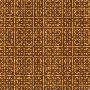 Batik Block Print Floral Squares in Cinnamon Brown and Desert Sun (Medium Scale)