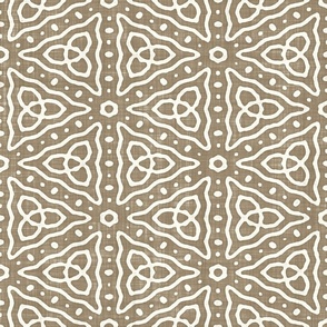 Geometric Celtic Knot Triangles Batik Block Print in Mushroom Brown and Natural White (Large Scale)