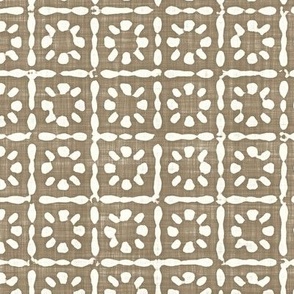 Batik Block Print Floral Squares in Mushroom Brown and Natural White (Large Scale)