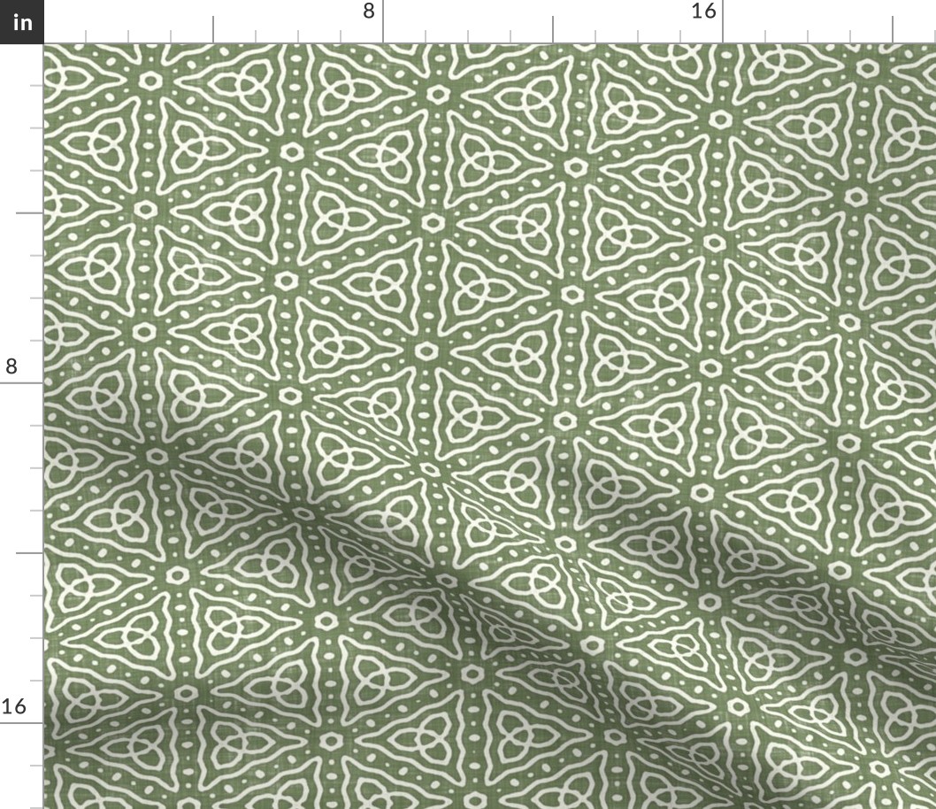 Geometric Celtic Knot Triangles Batik Block Print in Sage Green and Natural White (Medium Scale)