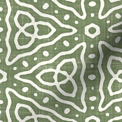 Geometric Celtic Knot Triangles Batik Block Print in Sage Green and Natural White (Large Scale)