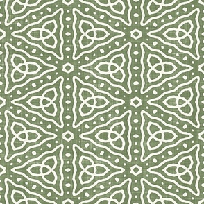 Geometric Celtic Knot Triangles Batik Block Print in Sage Green and Natural White (Large Scale)