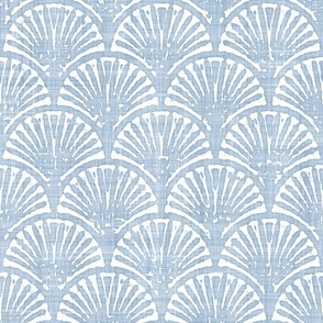 Batik Block Print Art Deco Shells in Light Fog Blue and White (Large Scale)