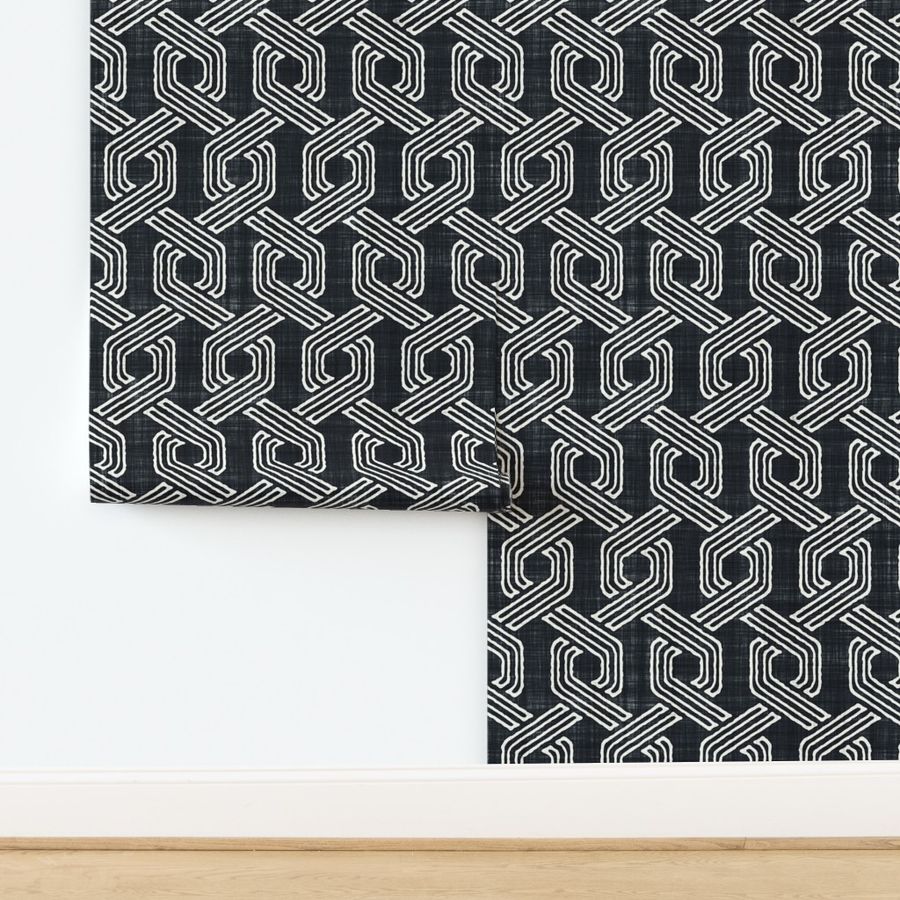 Retro 70s Hexagon Chain Link Stripes Batik Block Print in Graphite Black and Natural White (Large Scale)