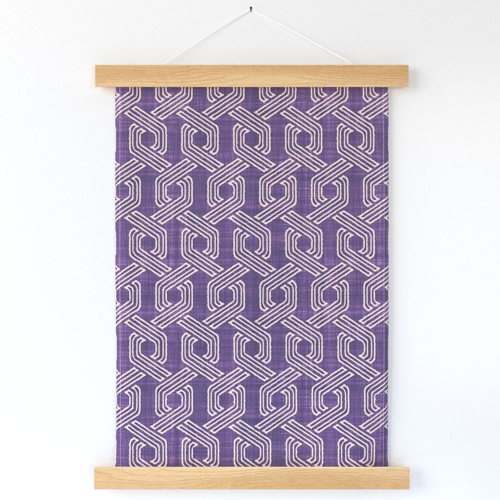 Retro 70s Hexagon Chain Link Stripes Batik Block Print in Orchid Purple and Blush Pink (Medium Scale)