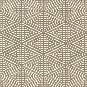 Batik Block Print Tribal Hexagon Dots Mosaic in Mushroom Brown and Natural White (Medium Scale)