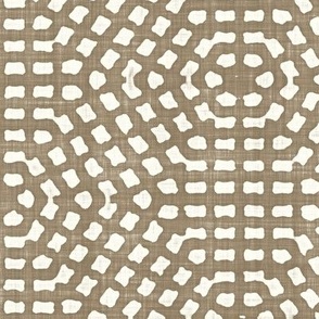 Batik Block Print Tribal Hexagon Dots Mosaic in Mushroom Brown and Natural White (Large Scale)