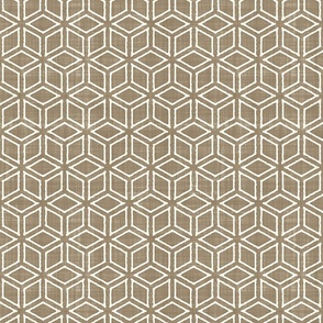 Geometric Isometric Cubes Batik Block Print in Mushroom Brown and Natural White (Medium Scale)