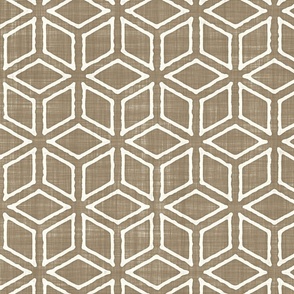 Geometric Isometric Cubes Batik Block Print in Mushroom Brown and Natural White (Large Scale)