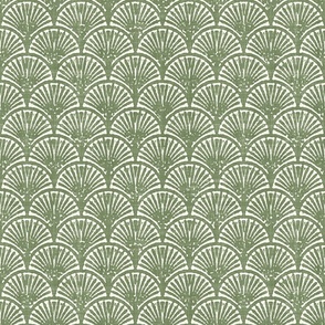 Batik Block Print Art Deco Shells in Sage Green and Natural White (Medium Scale)