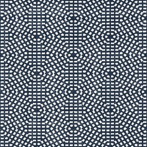 Batik Block Print Tribal Hexagon Dots Mosaic in Navy Blue and White (Medium Scale)
