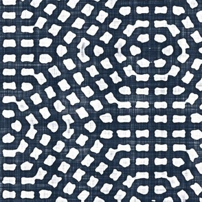 Batik Block Print Tribal Hexagon Dots Mosaic in Navy Blue and White (Large Scale)