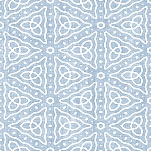 Geometric Celtic Knot Triangles Batik Block Print in Light Fog Blue and White (Large Scale)