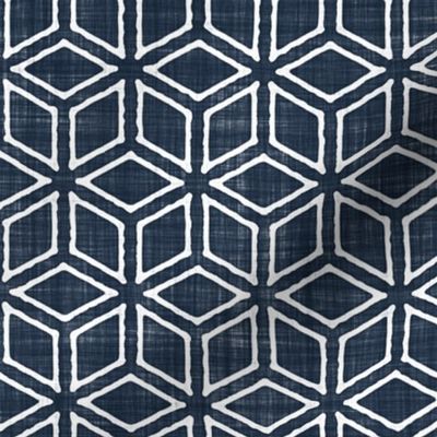 Geometric Isometric Cubes Batik Block Print in Navy Blue and White (Medium Scale)