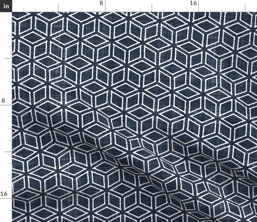 Geometric Isometric Cubes Batik Block Print in Navy Blue and White (Medium Scale)