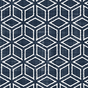 Geometric Isometric Cubes Batik Block Print in Navy Blue and White (Large Scale)