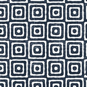 Geometric Concentric Squares Batik Block Print in Navy Blue and White (Large Scale)