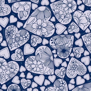 Handdrawn floral hearts in blue