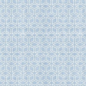 Geometric Isometric Cubes Batik Block Print in Light Fog Blue and White (Medium Scale)