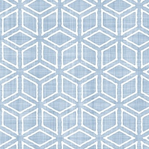 Geometric Isometric Cubes Batik Block Print in Light Fog Blue and White (Large Scale)