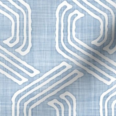 Retro 70s Hexagon Chain Link Stripes Batik Block Print in Light Fog Blue and White (Large Scale)