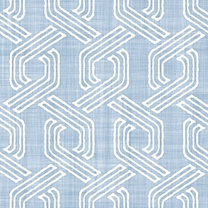 Retro 70s Hexagon Chain Link Stripes Batik Block Print in Light Fog Blue and White (Large Scale)