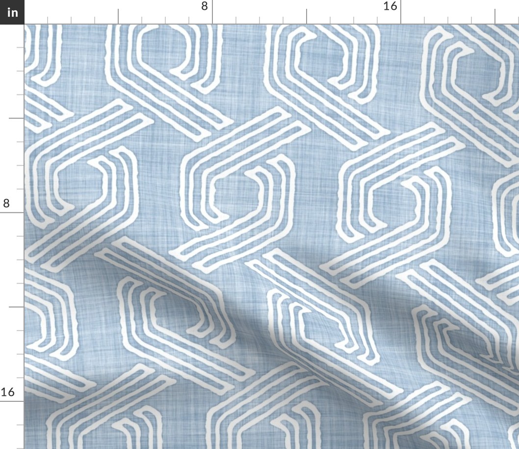 Retro 70s Hexagon Chain Link Stripes Batik Block Print in Light Fog Blue and White (Large Scale)