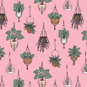 Plant lady Scandinavian hygge style home hanging plants - vintage green on pink