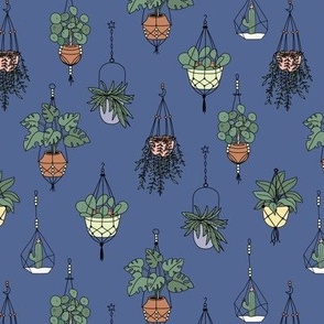 Plant lady Scandinavian hygge style home hanging plants - vintage green soft lime on night blue