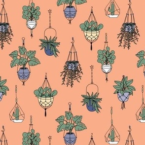 Plant lady Scandinavian hygge style home hanging plants - periwinkle lilac yellow on peach