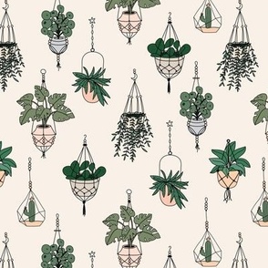 Plant lady Scandinavian hygge style home hanging plants - vintage neutral green beige on ivory