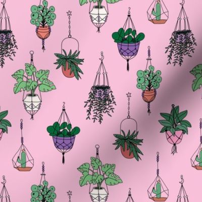 Plant lady Scandinavian hygge style home hanging plants - retro nineties green purple on pink