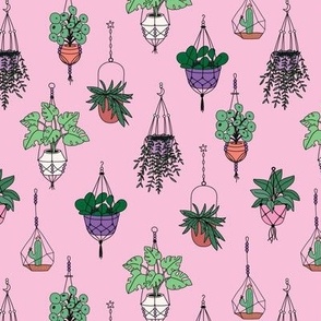 Plant lady Scandinavian hygge style home hanging plants - retro nineties green purple on pink