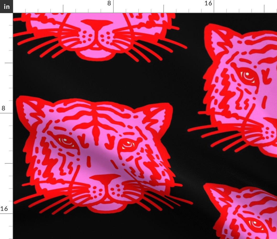 Sketchy tigers, tiger face doodles in pink and red, large scale