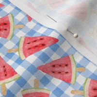 Summer Bliss - Blue Picnic Gingham With Cool And Delicious Watermelon Popsicles
