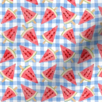 Summer Bliss - Blue Picnic Gingham With Cool And Delicious Watermelon Popsicles