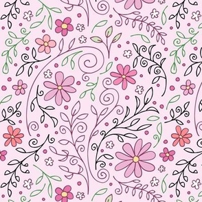 Garden Sketches - Flowing Flora in Delicate Line Work on Pink