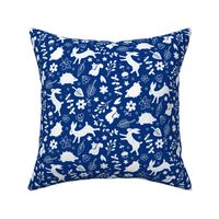 Folk Art Woodland Cute Funky White Animal Silhouettes on Ultramarine Blue