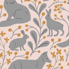 Foxes and Hares in Blue Gray in a Canadian Meadow  | Small Version | Bohemian Style Pattern in the Woodlands