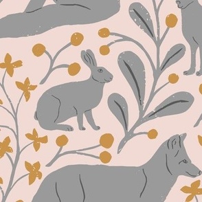 Foxes and Hares in Blue Gray in a Canadian Meadow  | Medium Version | Bohemian Style Pattern in the Woodlands