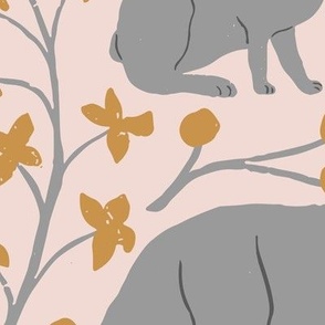 Foxes and Hares in Blue Gray in a Canadian Meadow  | Large Version | Bohemian Style Pattern in the Woodlands