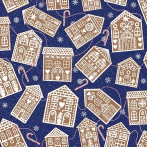 Christmas Gingerbread Cookie Houses Garland with Peppermint Candy Canes on Dark Blue
