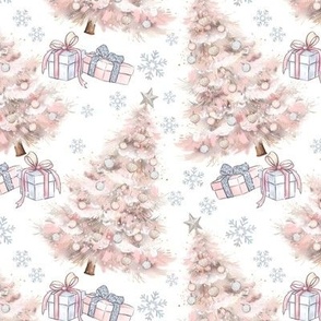 Pink Christmas trees, gifts and snowflakes