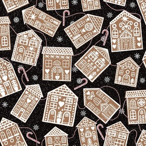 Christmas Gingerbread Cookie Houses Garland with Peppermint Candy Canes on Black
