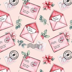 Whimsical Dear Santa letters & stamps with Christmas Flowers | peach background